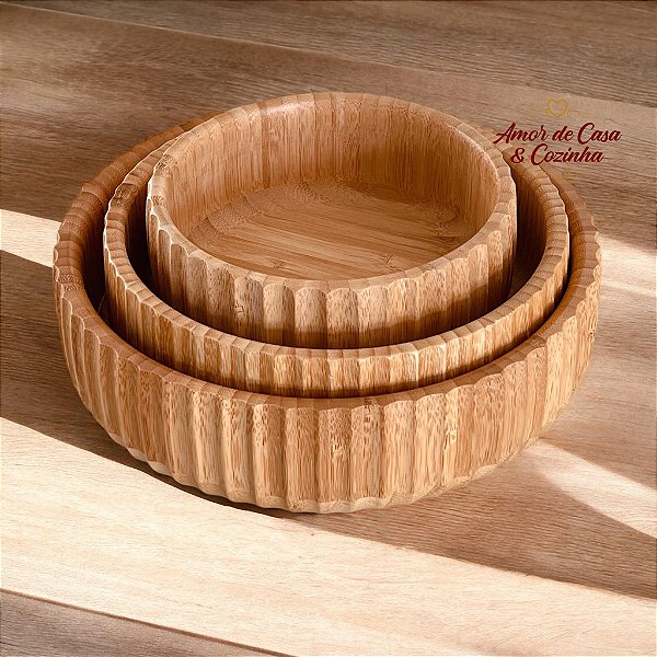 SALADEIRAS DE BAMBU CANELADO 3 TAMANHOS