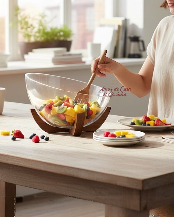 SALADEIRA VIDRO BASE MADEIRA ACÁCIA DOIS MODELOS