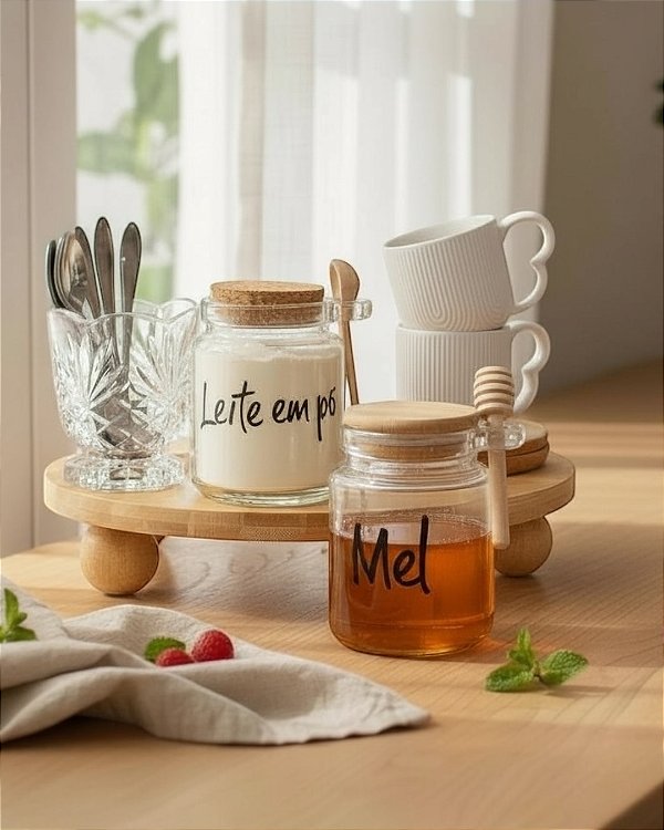 KIT MELEIRA E POTE DE VIDRO COM TAMPA E PEGADOR PENDURADO DE BAMBU E CORTIÇA