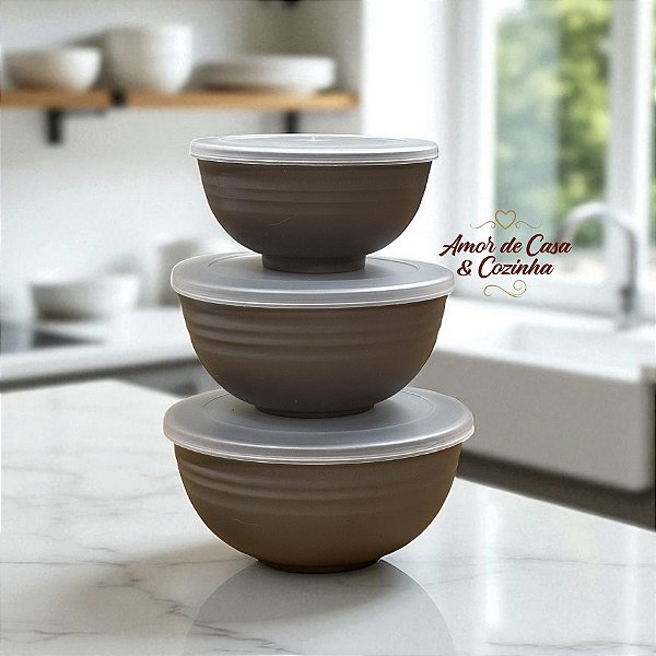 CONJUNTO 3 BOWLS ARMAZENAMENTO COM TAMPA  DE BAMBU E PP LINES