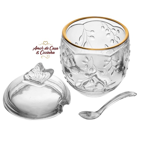 AÇUCAREIRO COM COLHER NEW BUTTERFLY COM FIO DE OURO 250ML