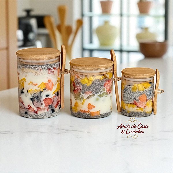 KIT POTES JADE OVERNIGHT DE VIDRO COM TAMPA E COLHER DE BAMBU