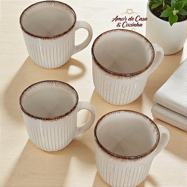 CONJUNTO DE CANECA DE CERAMICA LINEAR BRANCO 380ML
