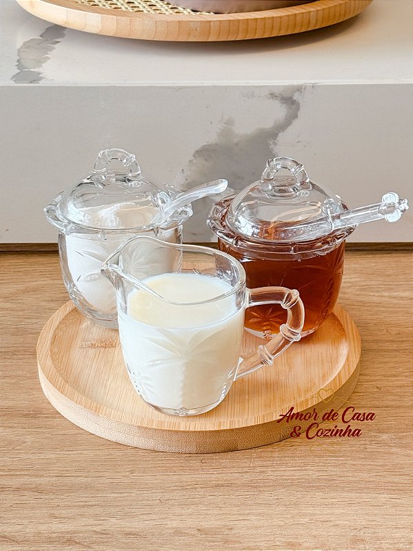 KIT AÇUCAREIRO MELEIRA MOLHEIRA E BANDEJA DE VIDRO TRANCOSO