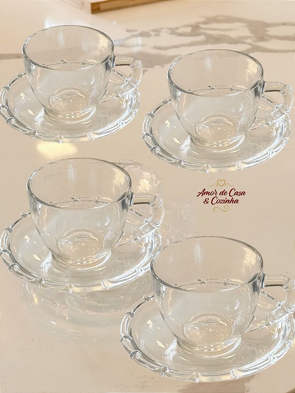 JOGO 4 XÍCARAS DE CHÁ COM PIRES VIDRO SERVIR BAMBOO 225 ML