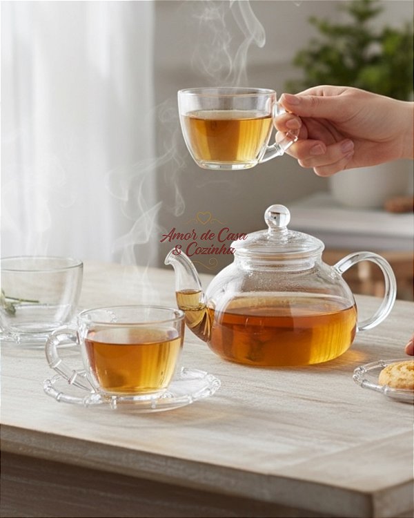 JOGO 4 XÍCARAS DE CHÁ COM PIRES VIDRO SERVIR BAMBOO 225 ML