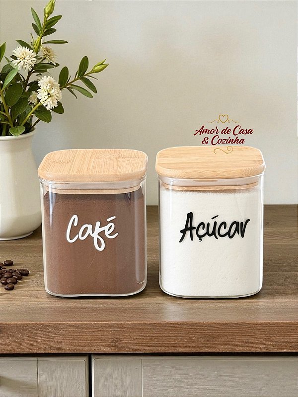 KIT 2 POTES FLAT VIDRO COM TAMPA DE BAMBU 800ML PERSONALIZADO