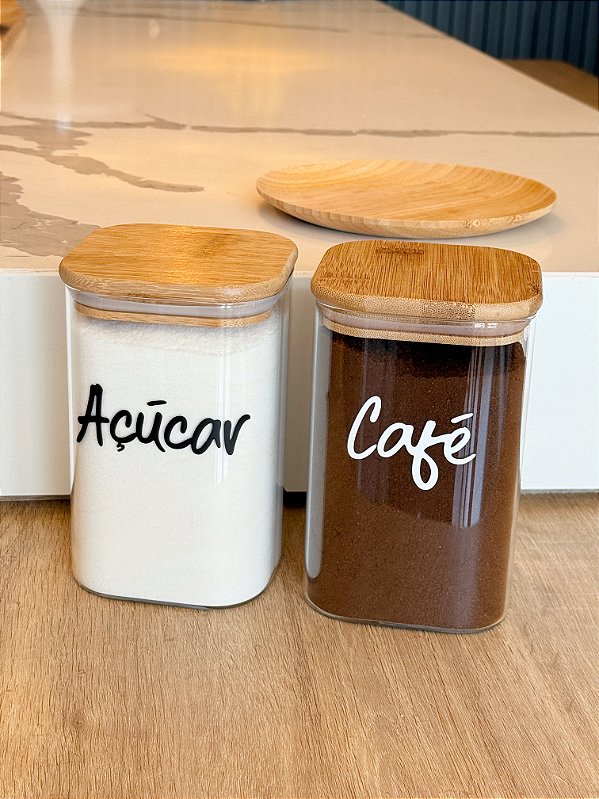 KIT 2 POTES FLAT VIDRO COM TAMPA DE BAMBU1 ,1L
