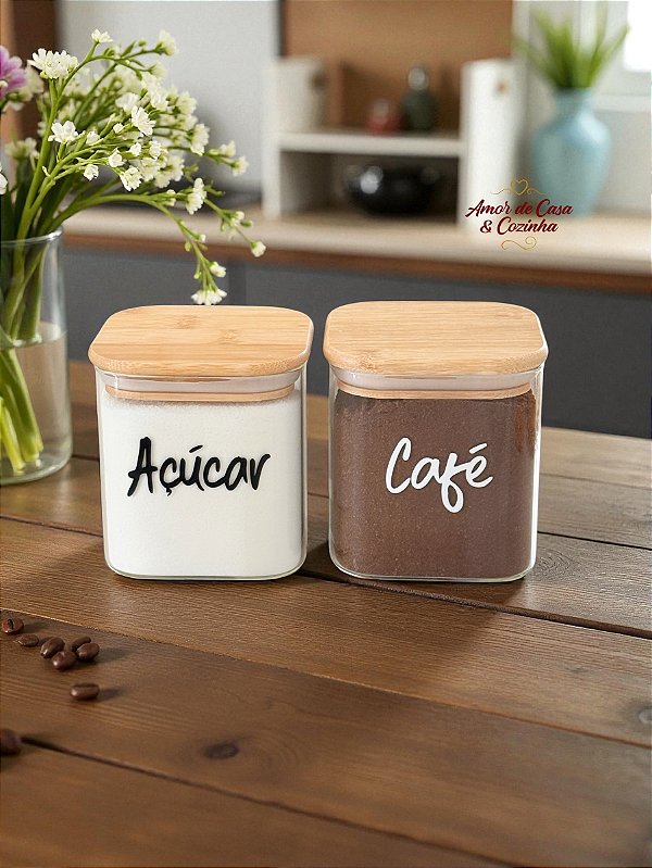 KIT 2 POTES FLAT VIDRO COM TAMPA DE BAMBU 600ML PERSONALIZADO