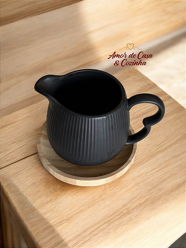 CREMEIRA CERÂMICA PRETO GRANFINE COM PIRES DE BAMBU 350ML