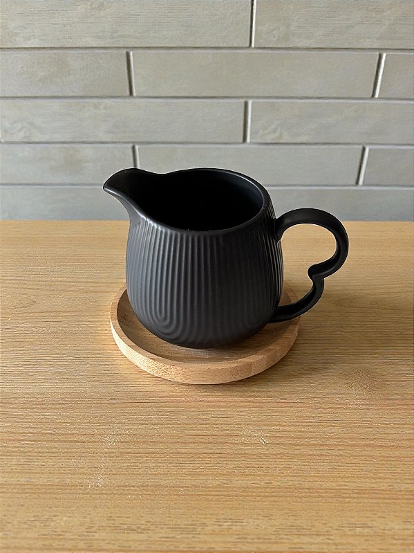 CREMEIRA CERÂMICA GRANFINE PRETO COM PIRES DE BAMBU 350ML