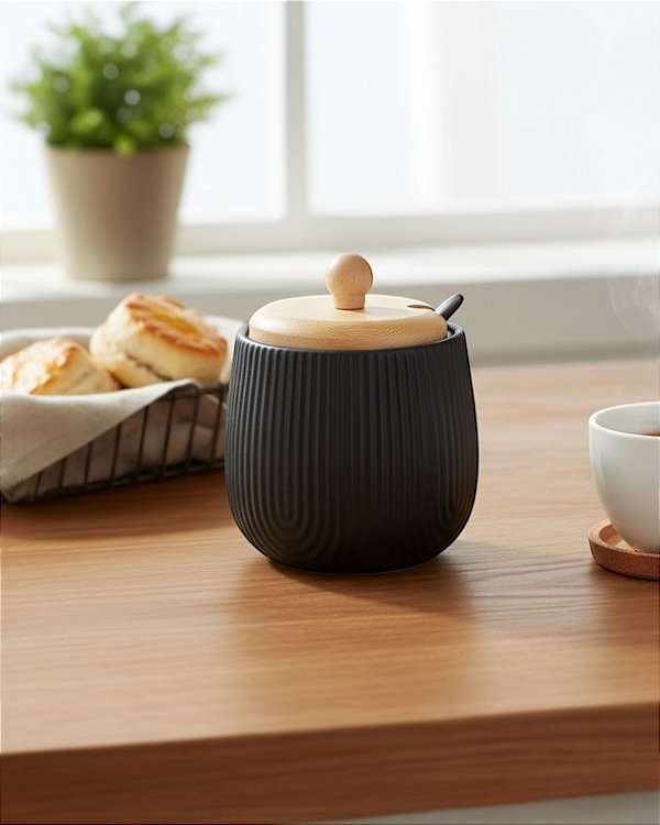 AÇUCAREIRO CERÂMICA GRANFINE PRETO E BAMBU GRANFINE 360ML