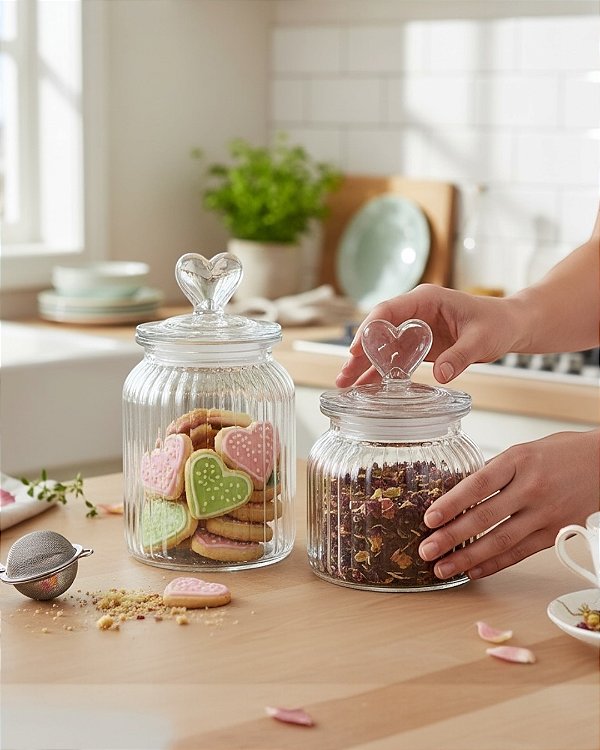 POTE DE VIDRO CANELADO CORAÇÃO