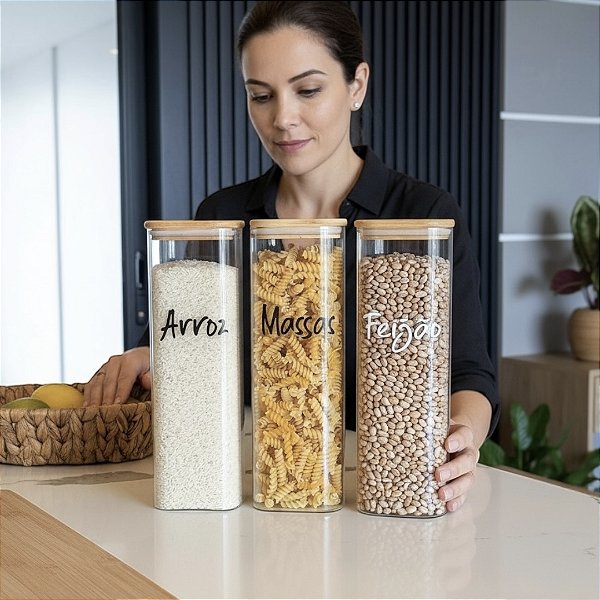 KIT 3 POTES FLAT VIDRO COM TAMPA DE BAMBU 1,9 L