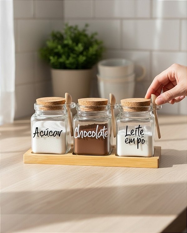 KIT 3 POTES DE VIDRO COM COLHER E BANDEJA DE BAMBU 310ML