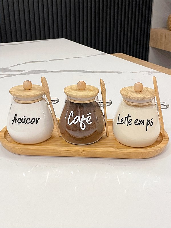 KIT 3 POTES 400ML TAMPA COLHER E BANDEJA DE BAMBU AURORA