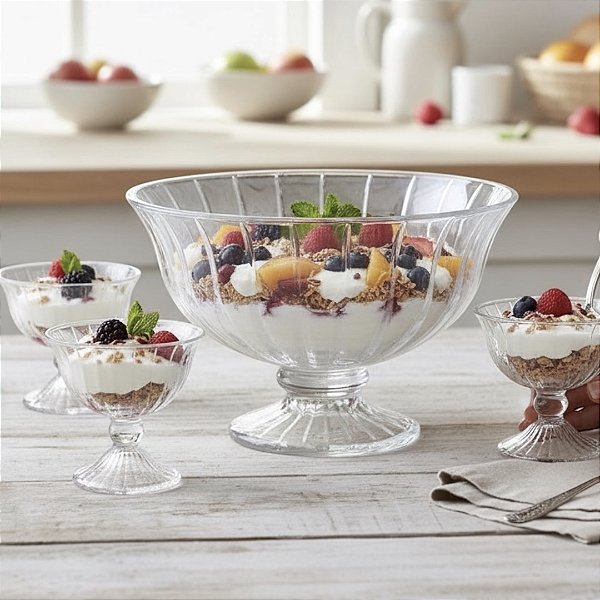 CONJUNTO BOWL E TAÇAS DE VIDRO PARA SERVIR 5 PEÇAS