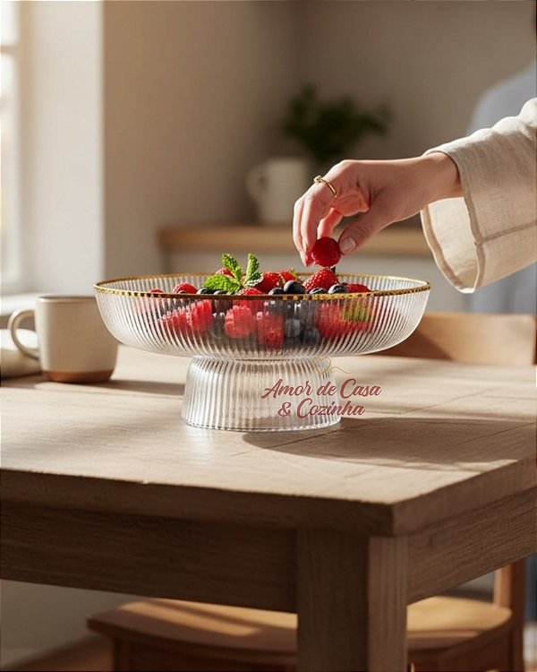 FRUTEIRA E CENTRO DE MESA VIDRO BORDA DOURADA GRAFIATO
