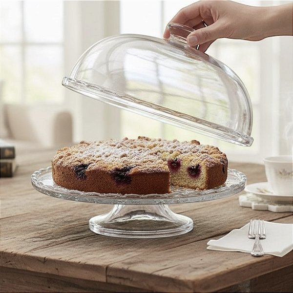 BOLEIRA E CENTRO DE MESA COM PÉ E TAMPA DE VIDRO.