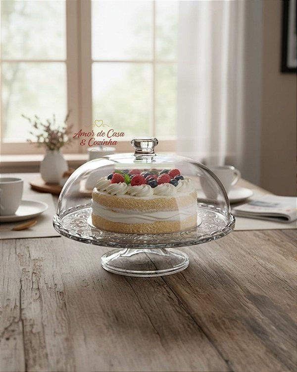 BOLEIRA E CENTRO DE MESA COM PÉ E TAMPA DE VIDRO.