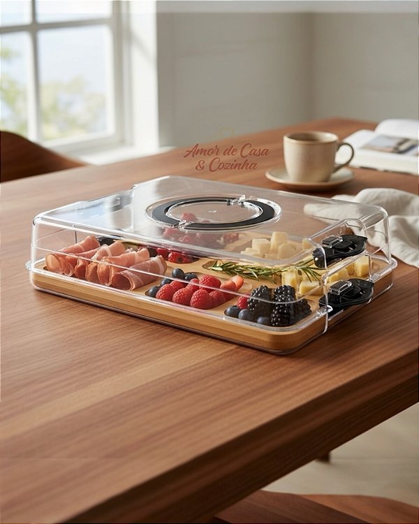 PETISQUEIRA DE BAMBU COM 5 DIVISÓRIAS E TAMPA COM TRAVAS 35,5CM