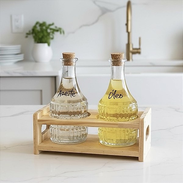 CONJUNTO 2 GALHETEIROS E SUPORTE DE BAMBU 180 ML PERSONALIZADO