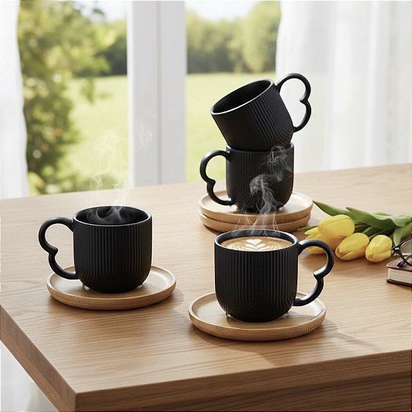CONJUNTO 4 XÍCARAS DE CAFÉ CERÂMICA PRETA  E BAMBU GRANFINE 90ML