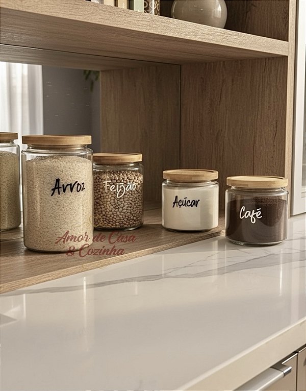 KIT 4 POTES DE VIDRO TAMPA DE BAMBU OASIS PERSONALIZADO