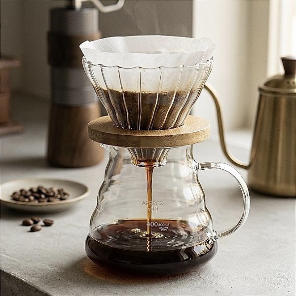 CAFETEIRA DE VIDRO COM SUPORTE DE BAMBU PARA COADOR