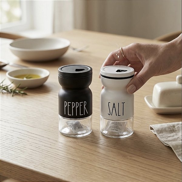 SALEIRO E PIMENTEIRO DE VIDRO COM TAMPA DE METAL BRANCO E PRETO 120ML