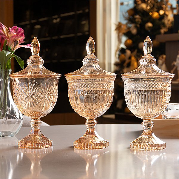 POTICHE DECORATIVO COM PÉ DE CRISTAL DE CHUMBO DUBLIN ÂMBAR 11,5X24,5CM