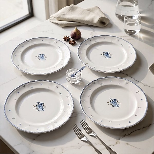CONJUNTO 4 PRATOS RASO WOLFF FLORESCER AZUL