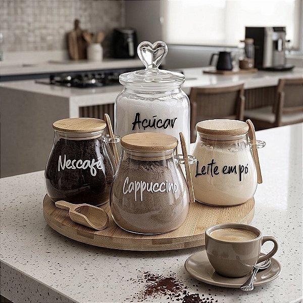 KIT 5 PEÇAS POTES STYLE E CORAÇÃO COM BANDEJA GIRATÓRIA