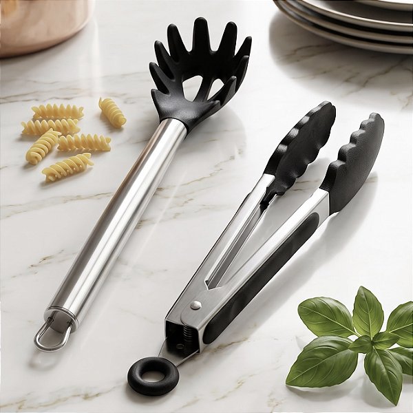 COMBO 2 PEGADORES DE ESPAGUETE E SALADA PRETO COM CABO INOX