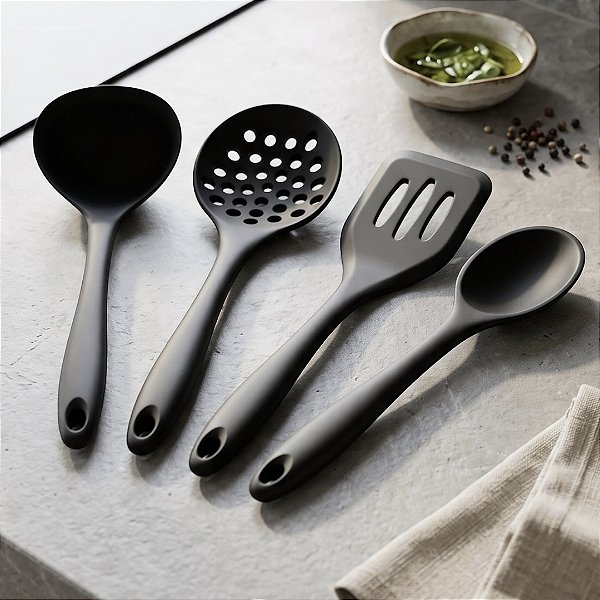 COMBO 4 PEÇAS DE SILICONE CONCHA COLHER ESCUMADEIRA ESPATULA PRETO
