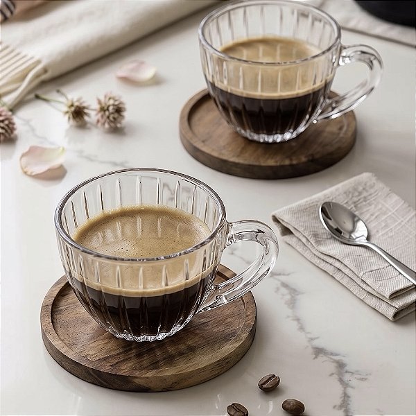 CONJUNTO 4 XÍCARAS CAFÉ DE VIDRO COM PIRES MADEIRA MONTE CARLO 80ML