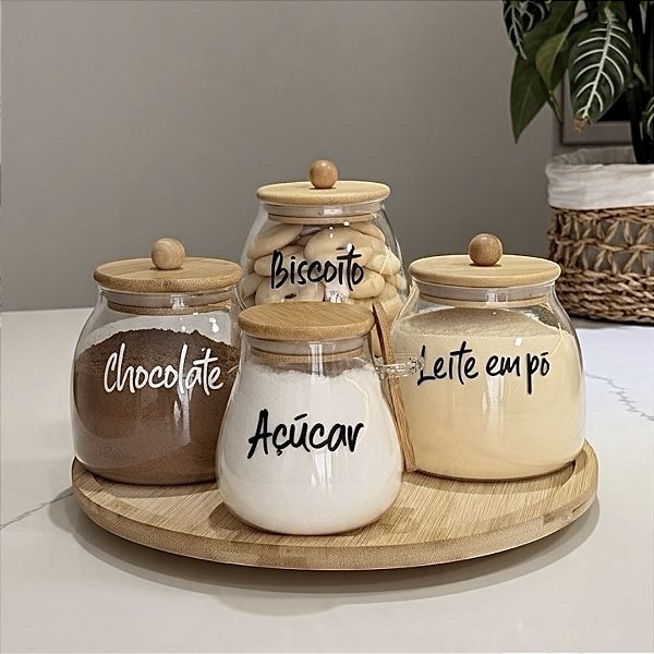 KIT 5 PEÇAS LADY 4 POTES DE VIDRO E BAMBU BANDEJA GIRATÓRIA