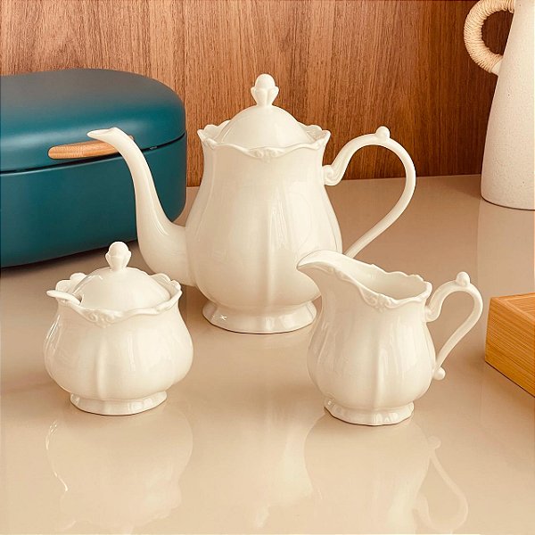 CONJUNTO 3 PEÇAS PARA CHÁ DE PORCELANA FANCY BRANCO