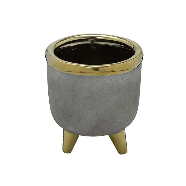 VASO DECORATIVO EM CIMENTO CINZA E DOURADO