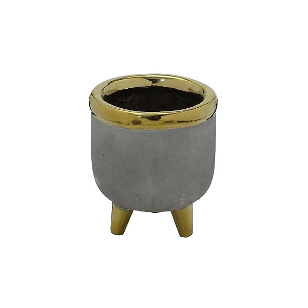 VASO DECORATIVO EM CIMENTO CINZA E DOURADO