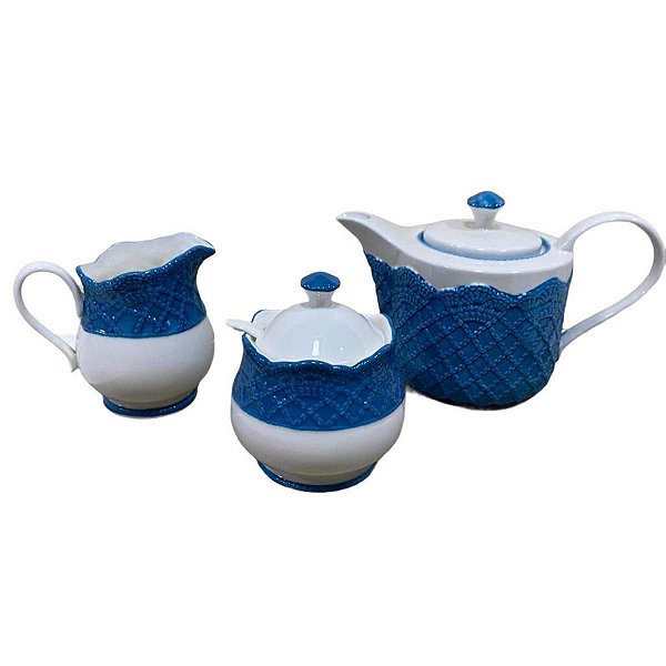 CONJUNTO 3 PEÇAS PARA CHÁ E CAFÉ AZUL E BRANCO