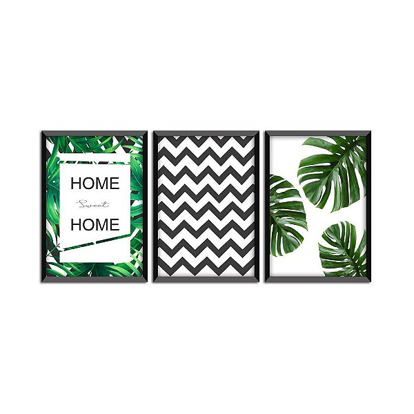 QUADRO DECORATIVO 3 PEÇAS PRETO ZIG ZAG