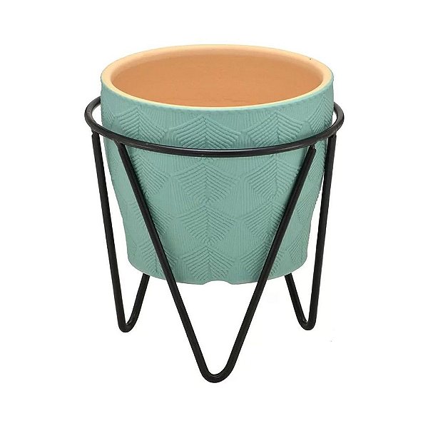 CACHEPOT EM CERÂMICA VERDE COM SUPORTE PRETO