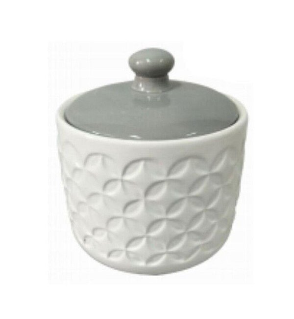 POTICHE EM CERÂMICA COM TAMPA CINZA CHINESE COIN BRANCO