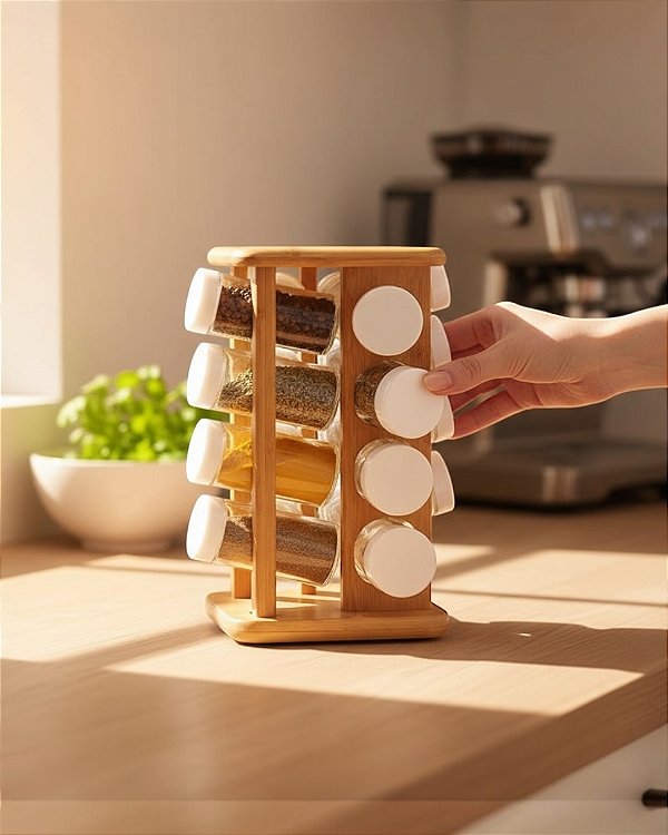 PORTA TEMPEROS COM SUPORTE GIRATÓRIO DE BAMBU 16 POTES