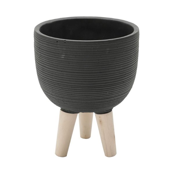 VASO EM CONCRETO COM PÉ DE MADEIRA REDONDO PRETO