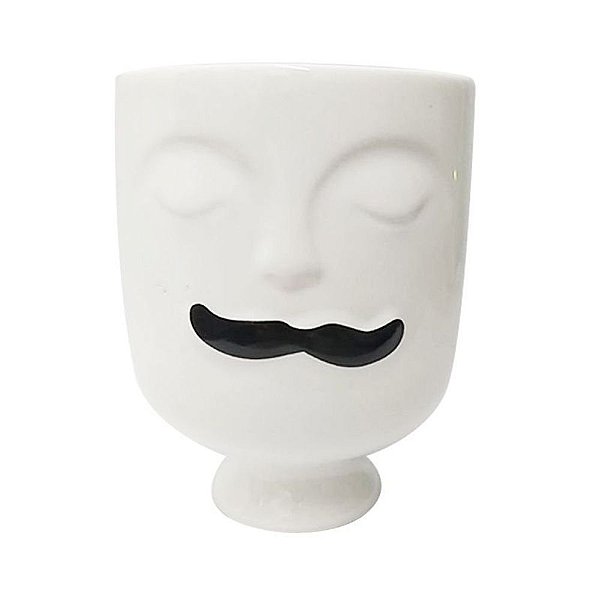 CACHEPOT HOMEM COM BIGODE PRETO EM PORCELANA