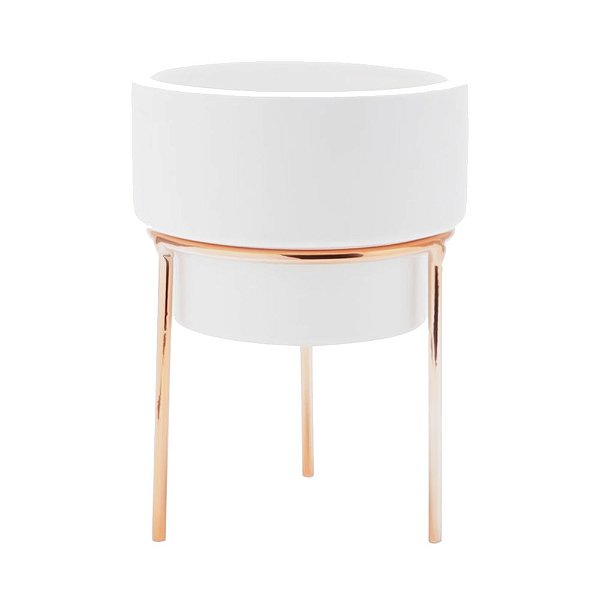 CACHEPOT EM CERÂMICA COM SUPORTE EM METAL ROSE E BRANCO