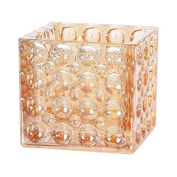 VASO EM VIDRO ÂMBAR DECORATIVO QUADRADO COM RELEVOS CIRCULARES