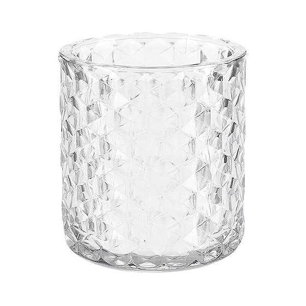 VASO DE VIDRO DECORATIVO TRANSPARENTE REDONDO COM RELEVOS TRIANGULARES